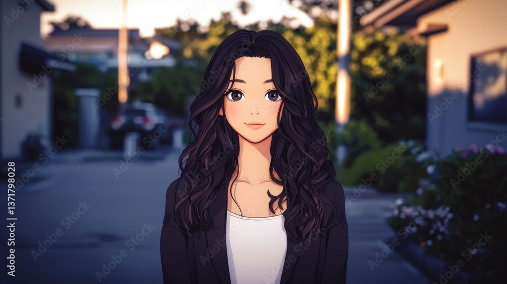 Fototapeta premium Confident Anime Woman Stylish Portrait Suburban Setting Professional Elegant