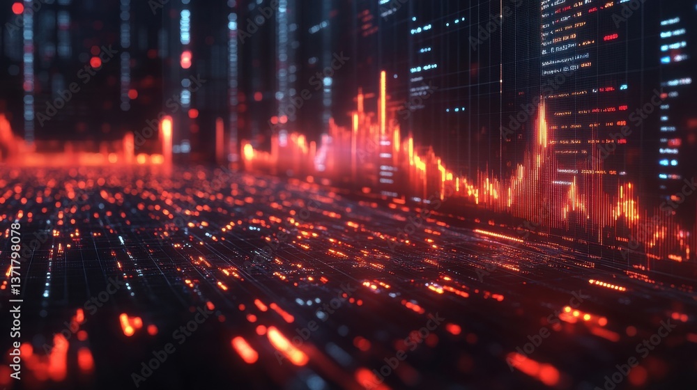 Fototapeta premium Futuristic Data Stream with Dynamic Stock Market Graph Orange and Red Digital Network Visualization