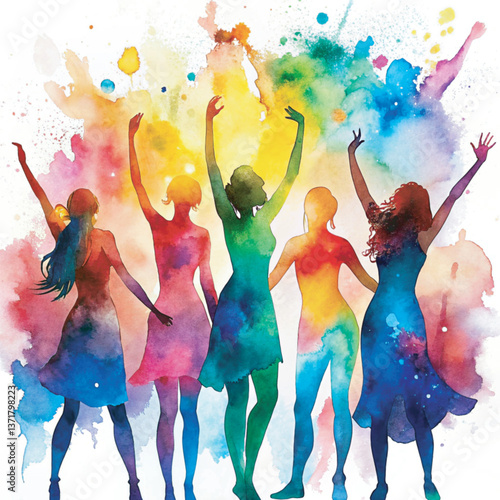 A vibrant watercolor painting of a diverse group of women joyfully for national decency day