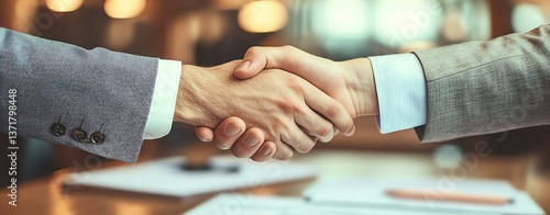 Business partnership handshake in office setting.