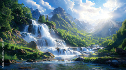 Majestic Waterfall in Mountain Valley: A Breathtaking Nature Scene