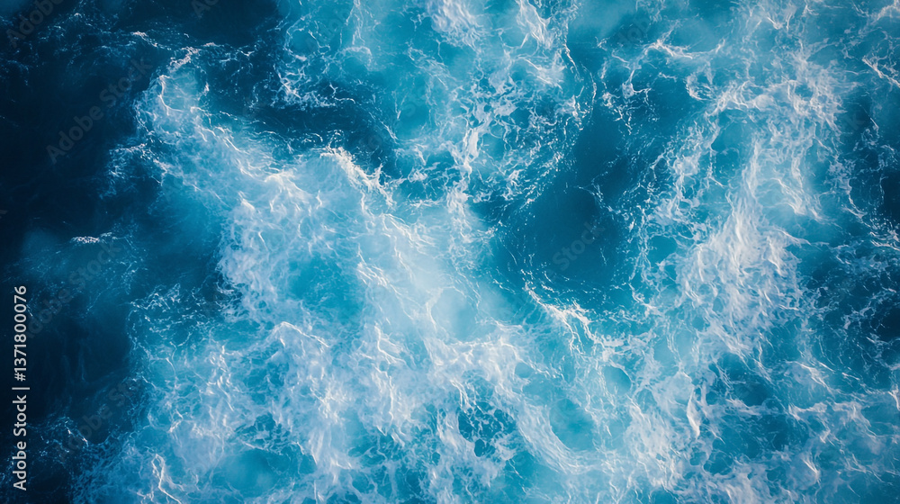 Aerial view of ocean water with white foam creating a dynamic and textured surface pattern in blue tones. Aerial view of ocean water with white foam creating a dynamic and textured surface pattern in blue tones.