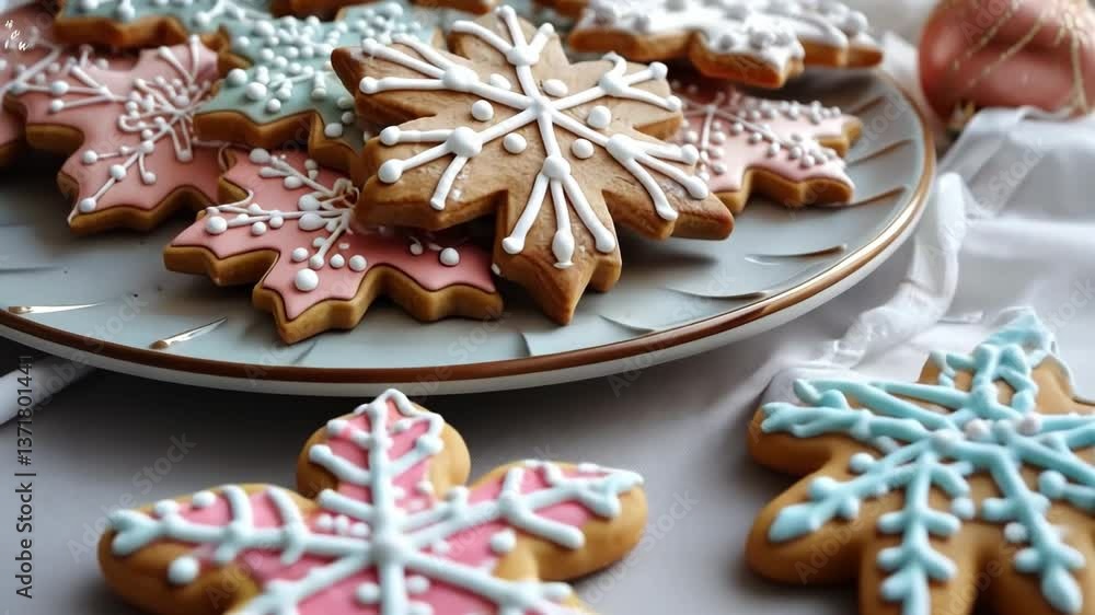 Various gingerbread cookies with vibrant icing arranged on a plate, displaying a simple and elegant style for holiday treats. Various gingerbread cookies with vibrant icing arranged on a plate, displaying a simple and elegant style for holiday treats.