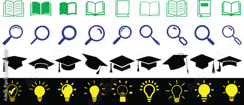 Education icons set featuring open books, magnifying glasses, graduation caps, and glowing lightbulbs. Perfect for academic themes, research visuals, knowledge base designs, and educational graphics