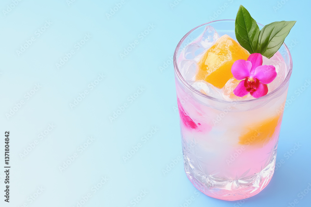 Refreshing cocktail garnished with a flower on top for a unique experience in seasonal omakase dining Refreshing cocktail garnished with a flower on top for a unique experience in seasonal omakase dining