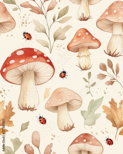 Watercolor patterns Seamless mushrooms and ladybugs. Watercolor Autumn Mushroom Pattern with Ladybugs