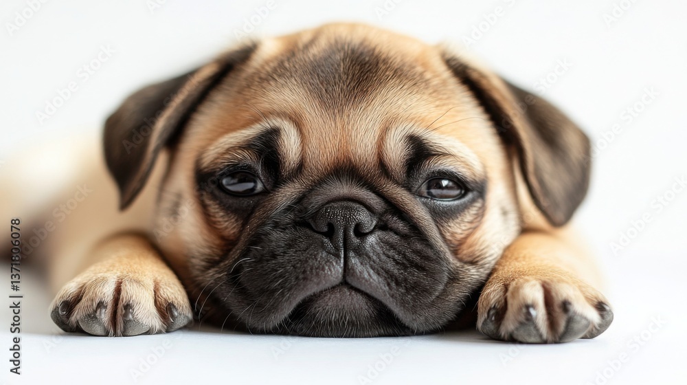 Fototapeta premium Adorable Pug Puppy Lying Down Close Up Portrait of a Cute Dog