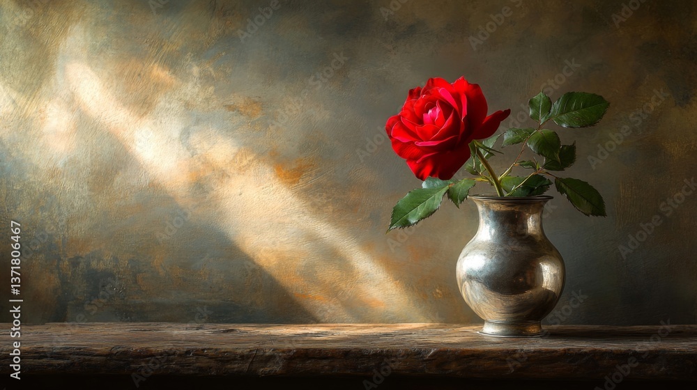 A Single Red Rose In A Silver Vase On Wood A Single Red Rose In A Silver Vase On Wood