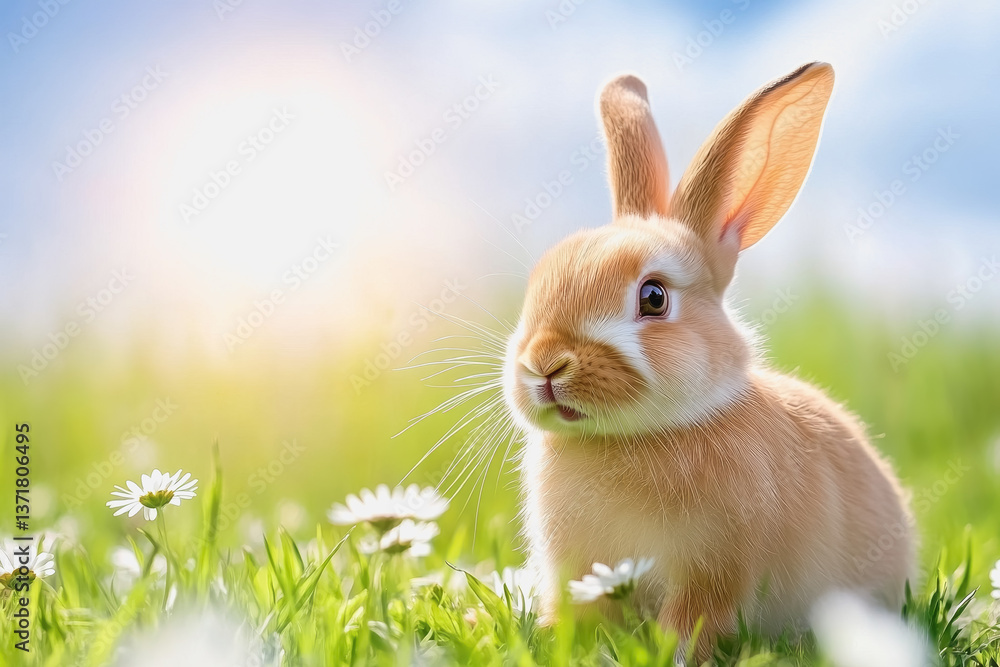 Playful rabbit hopping joyfully among colorful daisies in a vibrant flower-filled field of nature's beauty Playful rabbit hopping joyfully among colorful daisies in a vibrant flower-filled field of nature's beauty