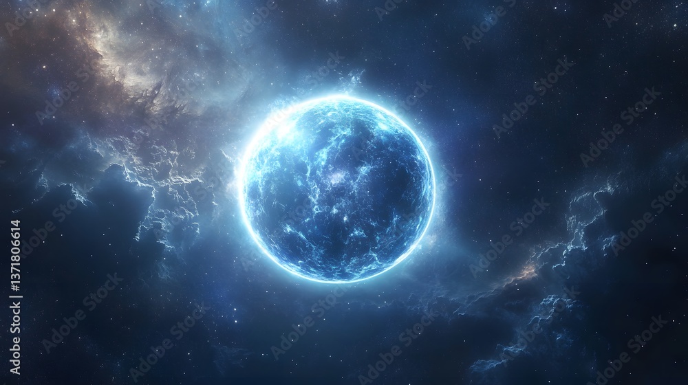 Obraz premium Cosmic Blue Planet in Nebula