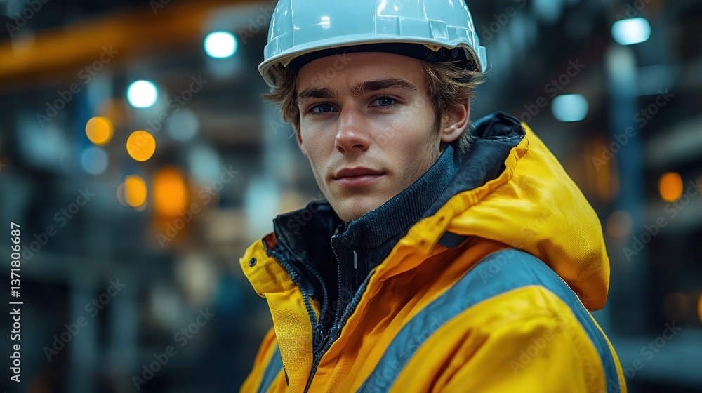 Smiling Industrial Worker in Safety Jacket and Helmet in Large Factory with Welding Sparks Smiling Industrial Worker in Safety Jacket and Helmet in Large Factory with Welding Sparks