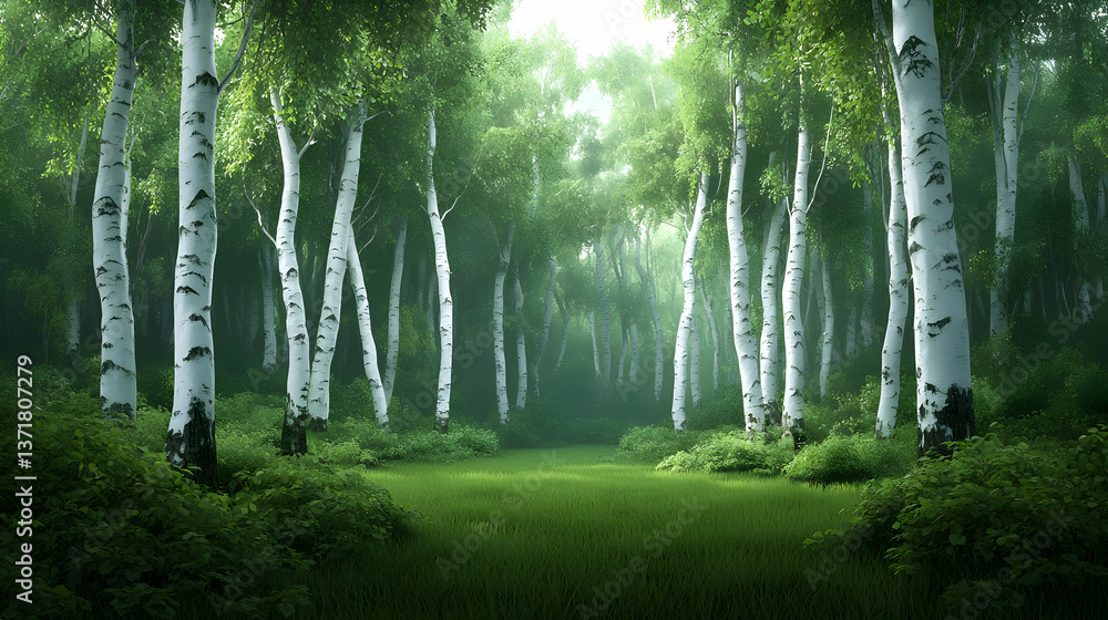 Obraz premium Lush Green Birch Tree Forest in Summer Sunlight