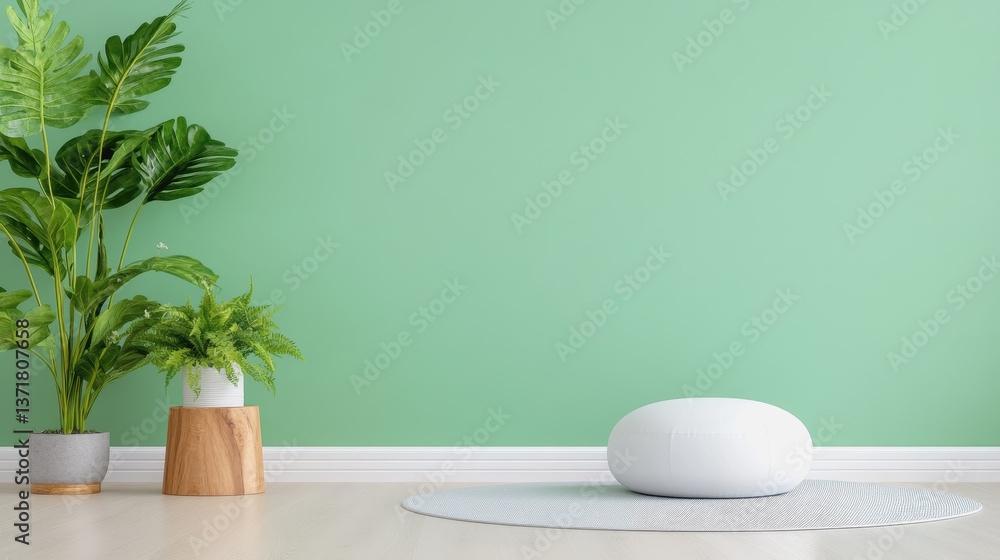 Tranquil yoga studio featuring yoga ball and plant in natural light creating a relaxing exercise environment Tranquil yoga studio featuring yoga ball and plant in natural light creating a relaxing exercise environment