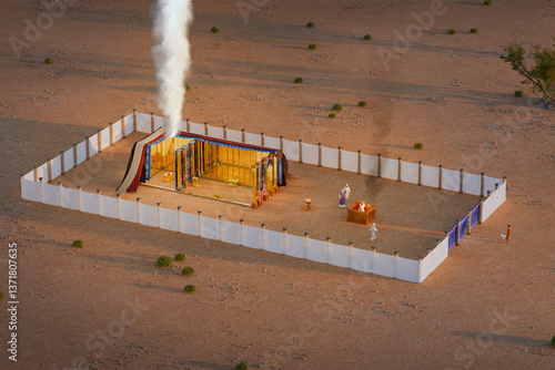 Sanctuary tabernacle 3d rendering of the wilderness tent described in Bible Exodus. Old Testament Religious imagery illustration. Cutaway diagram.