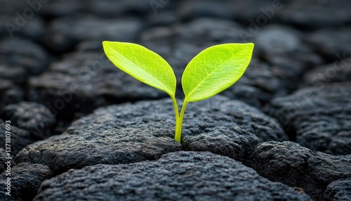 A resilient green sprout emerges from dark volcanic rock