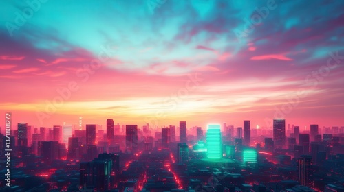 A cyber-fantasy metropolis powered by green energy, glowing under a twilight sky