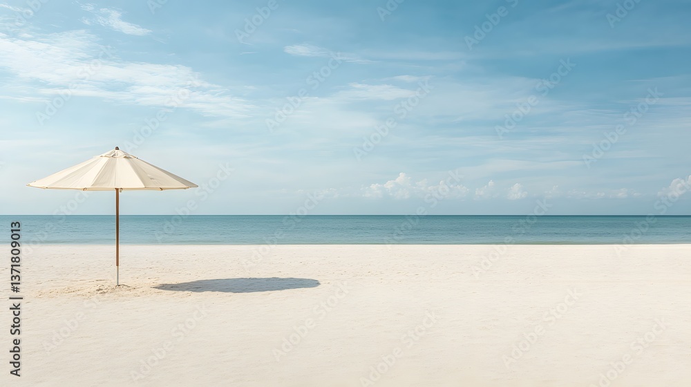 Serene Beach Scene White Umbrella on Pristine Sand and Azure Ocean Serene Beach Scene White Umbrella on Pristine Sand and Azure Ocean