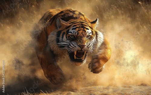 Saber-Toothed Tiger Leaps Through Dust in Dynamic Action Pose