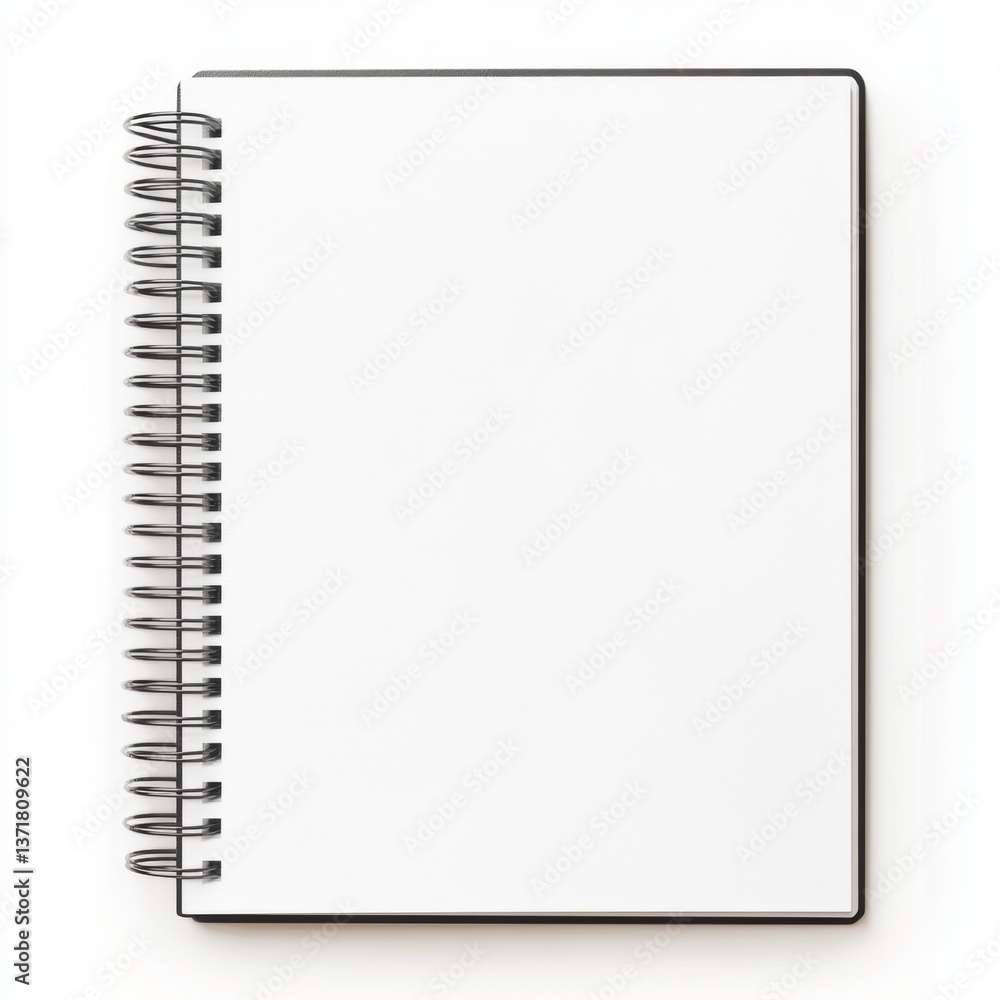 Blank spiral notebook, top view, white background, ready for writing