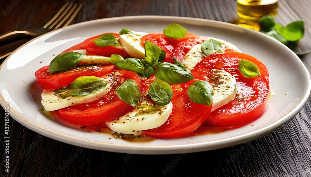 Fresh and colorful Caprese salad featuring sliced tomatoes, fresh mozzarella, and basil leaves, drizzled with olive oil and balsamic vinegar, served on white plate Fresh and colorful Caprese salad featuring sliced tomatoes, fresh mozzarella, and basil leaves, drizzled with olive oil and balsamic vinegar, served on white plate