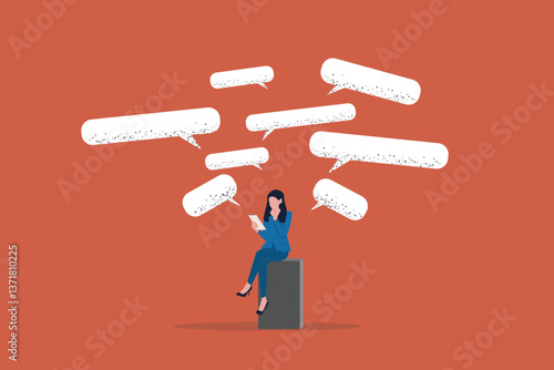 Business woman use smart phone typing message dialogue bubble. Flat vector illustration