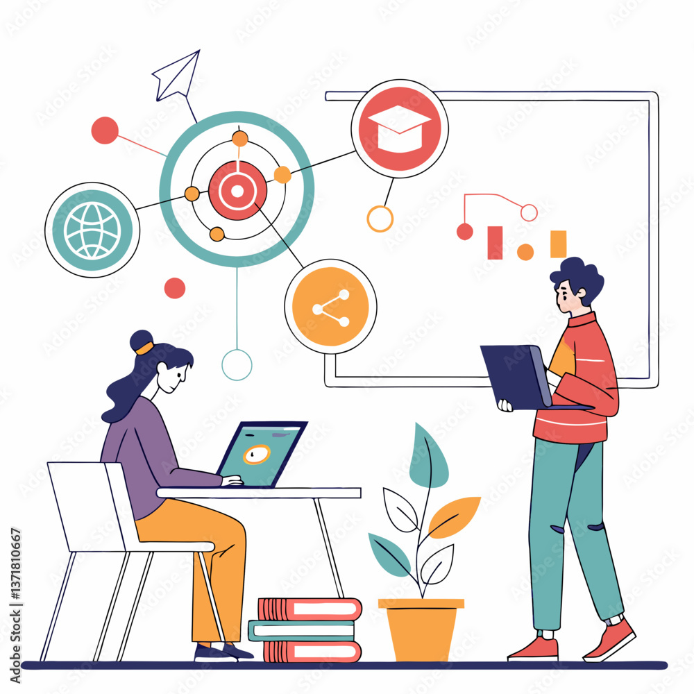 business technology online education with students using computers connected to e-learning and research concepts . flat vector illustration cartoon design business technology online education with students using computers connected to e-learning and research concepts . flat vector illustration cartoon design
