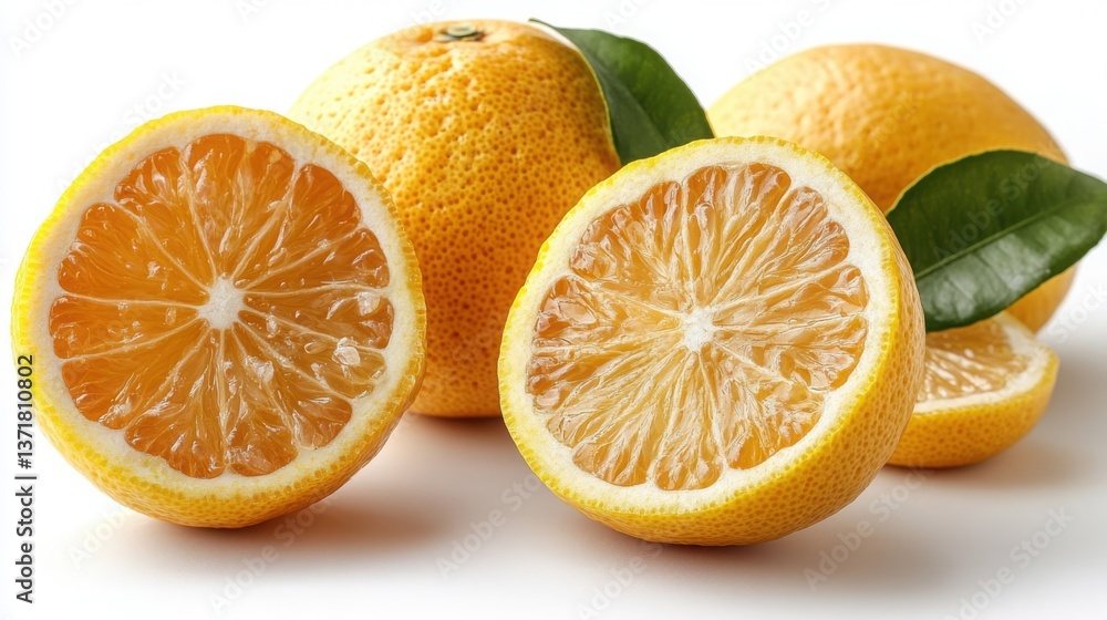 Fototapeta premium Juicy Citrus Fruits Halved Oranges and Whole Oranges with Green Leaves on White Background