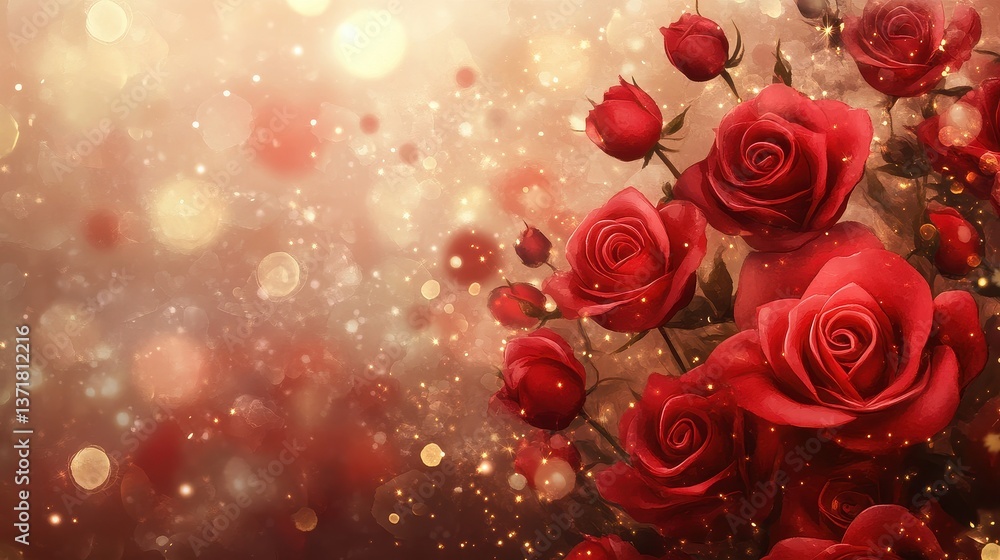 Elegant watercolor background featuring a cascade of deep red roses with delicate petals, golden sparkles, and a soft romantic glow, perfect for Valentine Day. Elegant watercolor background featuring a cascade of deep red roses with delicate petals, golden sparkles, and a soft romantic glow, perfect for Valentine Day.