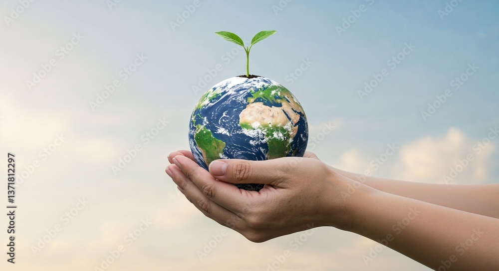 Hands holding a mini planet with green sprout against blue sky
Hands holding a mini planet with green sprout against blue sky