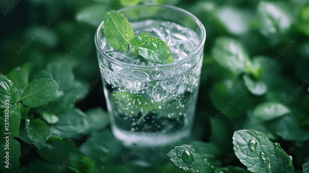 Refreshing glass of sparkling water with fresh mint leaves surrounded by green foliage Refreshing glass of sparkling water with fresh mint leaves surrounded by green foliage