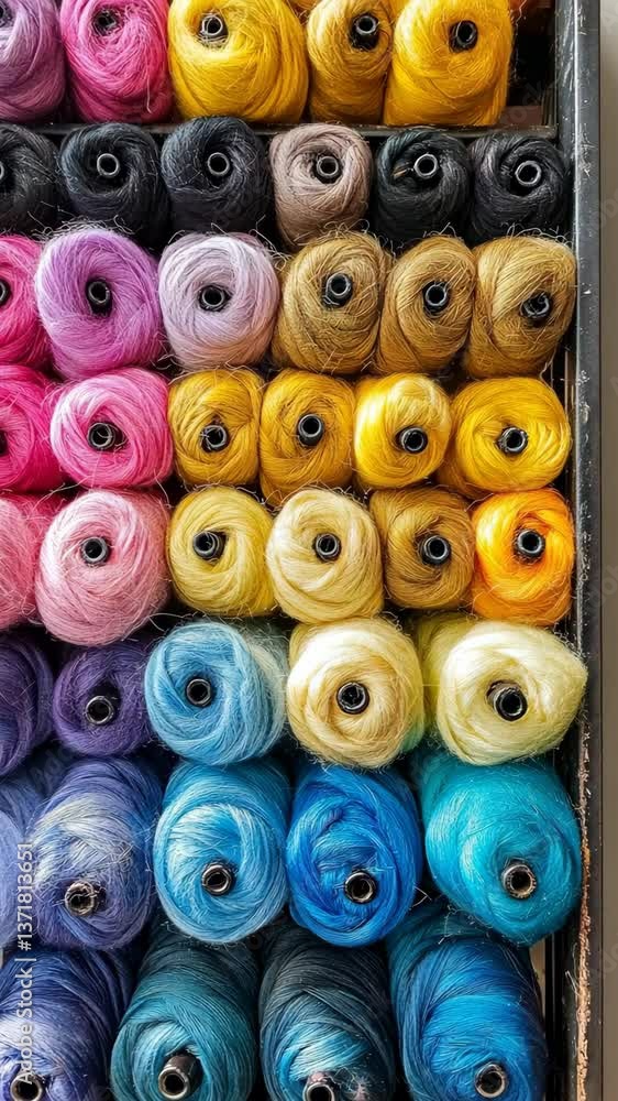 Colorful spools of thread neatly arranged in a display at a textile store in the afternoon Colorful spools of thread neatly arranged in a display at a textile store in the afternoon