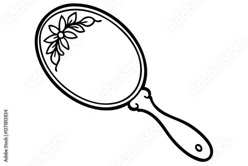 hand mirror with floral engravings line art vector illustration
