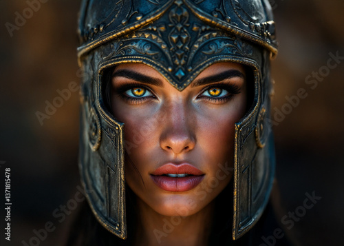 Retrato de una mujer guerrera con casco medieval negro y detalles dorados, ojos amarillos intensos, expresión decidida y fondo oscuro. Iluminación dramática que destaca su belleza y fuerza.