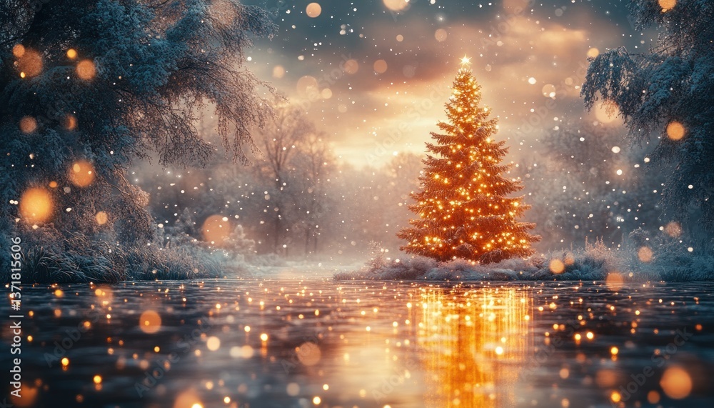 Naklejka premium Illuminated Christmas Tree in a Snowy Winter Landscape with Golden Lights and Soft Bokeh Effects