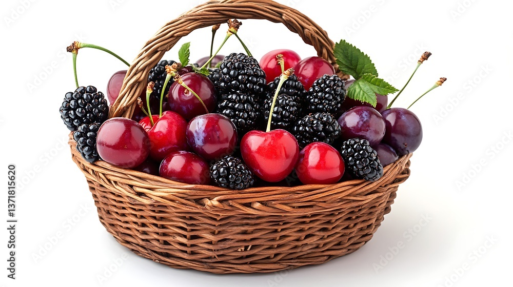A wicker basket holds ripe red cherries and juicy plums, isolated for fresh, sweet fruit A wicker basket holds ripe red cherries and juicy plums, isolated for fresh, sweet fruit