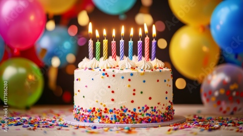 Colorful happy birthday cake with lit candles surrounded by balloons and confetti on festive background celebrating a joyful party atmosphere for birthday greeting themes and celebration concepts