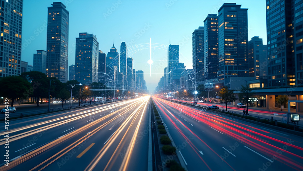 Obraz premium Photo realistic as Top view of a cityscape with overlay of smart traffic systems symbolizing advanced transportation in double exposure with copy space. concept as A top view of a cityscape intertwine