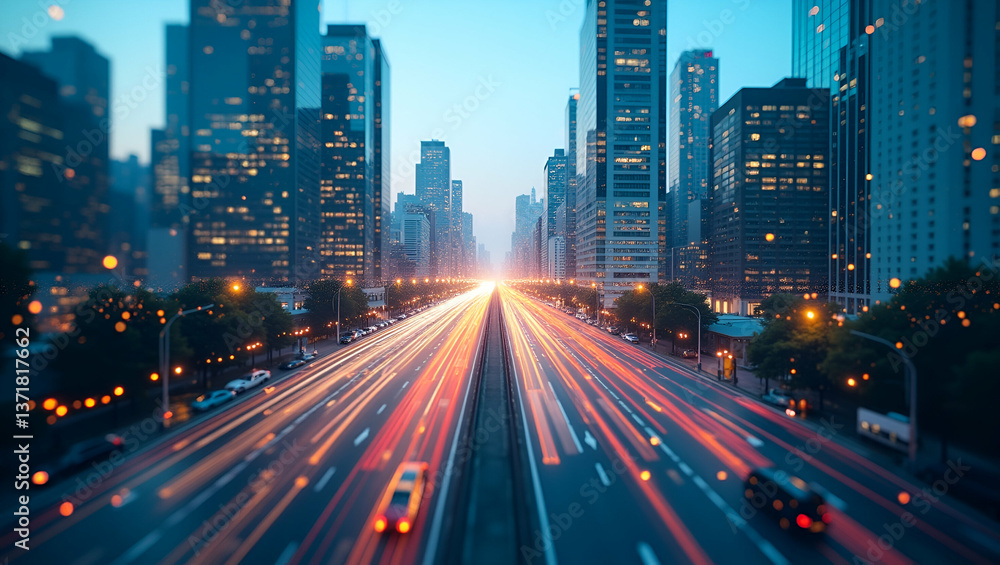 Fototapeta premium Photo realistic as Top view of a cityscape with overlay of smart traffic systems symbolizing advanced transportation in double exposure with copy space. concept as A top view of a cityscape intertwine