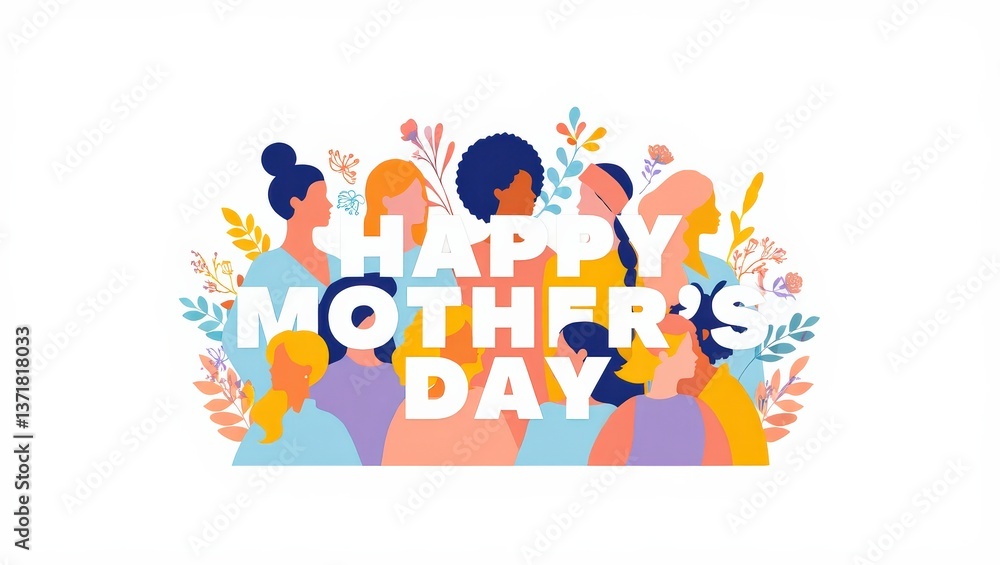 Happy Mother's Day with Diverse Silhouettes in Peach Fuzz and Lemon Zest for Family Unity Vector Design, Isolated Happy Mother's Day with Diverse Silhouettes in Peach Fuzz and Lemon Zest for Family Unity Vector Design, Isolated