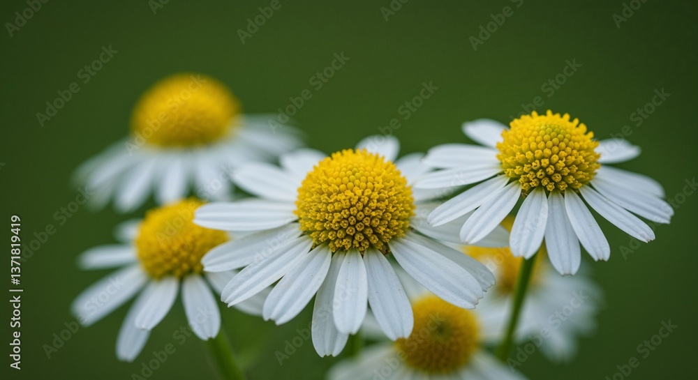 Obraz premium Daisies blooming with yellow centers against green background