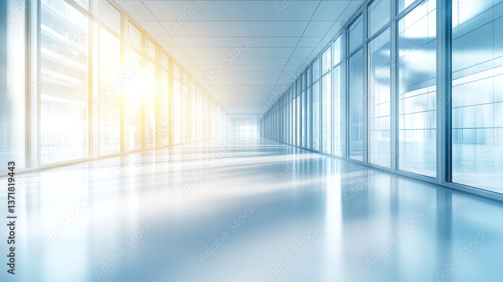 Long corridor with bright light and glass window walls Long corridor with bright light and glass window walls