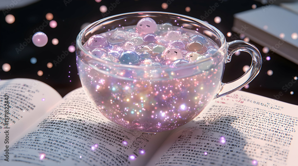 Pastel Colorful Glowing Mug on Open Book Pastel Colorful Glowing Mug on Open Book