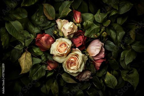 A moody floral image with roses and dark foliage, capturing a vintage and romantic feel. Perfect for botanical and artistic visuals.