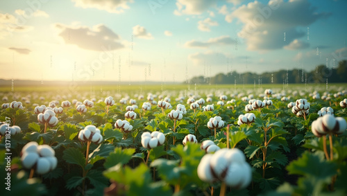 Photo realistic as Top view of a cotton field with genetic data overlay symbolizing genetic crop improvement in double exposure with copy space. concept as A top view of a cotton field intertwined wit