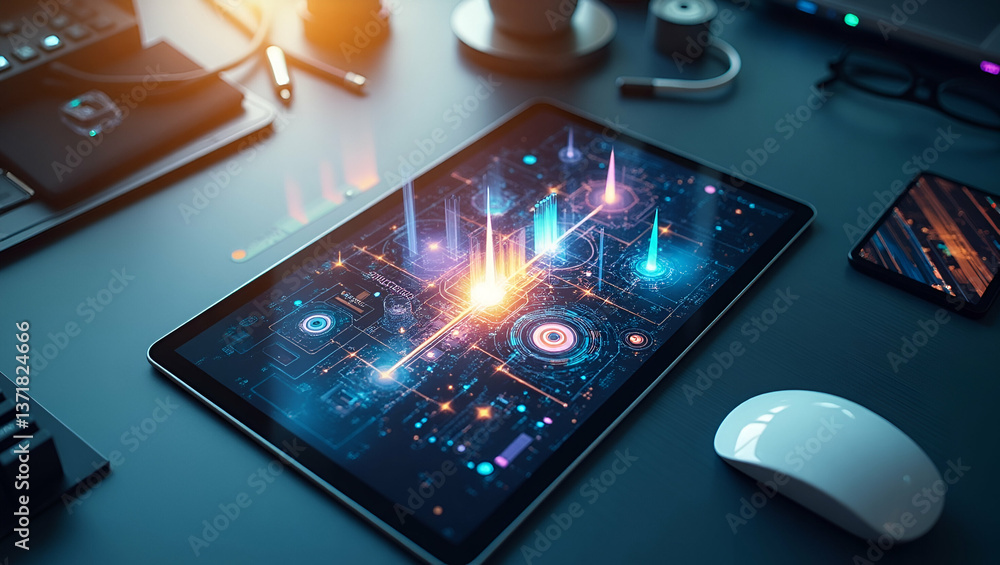 Fototapeta premium Photo Realistic Top View of a Digital Design Workspace: Graphic Tablet and Mouse in Double Exposure with Copy Space for Creative Projects