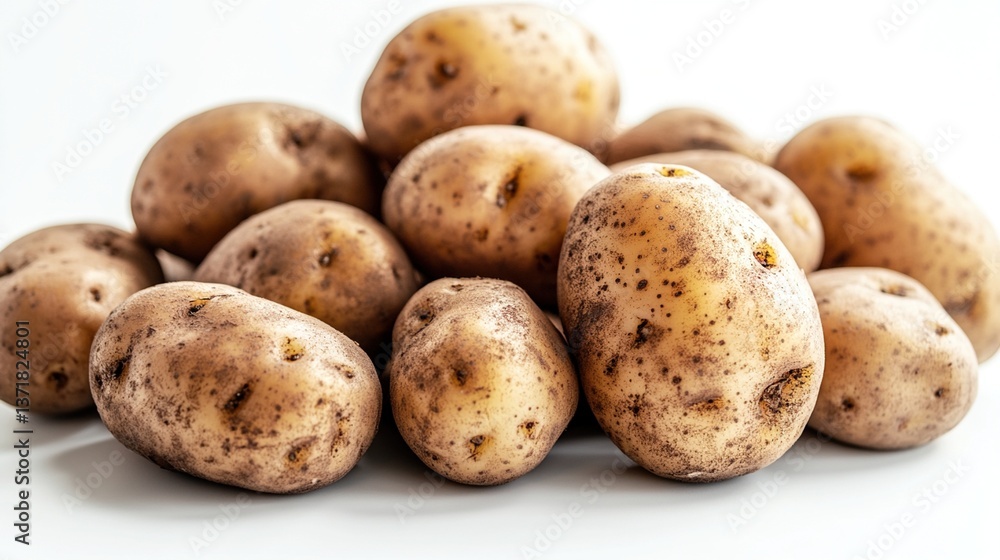 Pile of fresh, unpeeled potatoes on white background. Pile of fresh, unpeeled potatoes on white background.