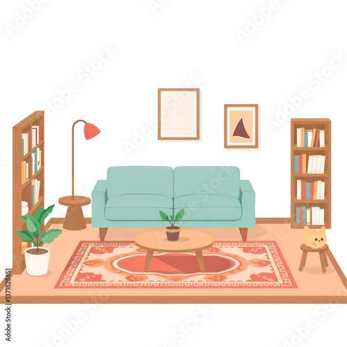 A bright minimalist living room with white walls, wooden furniture, and natural light, creating a warm and inviting atmosphere. Generative AI
