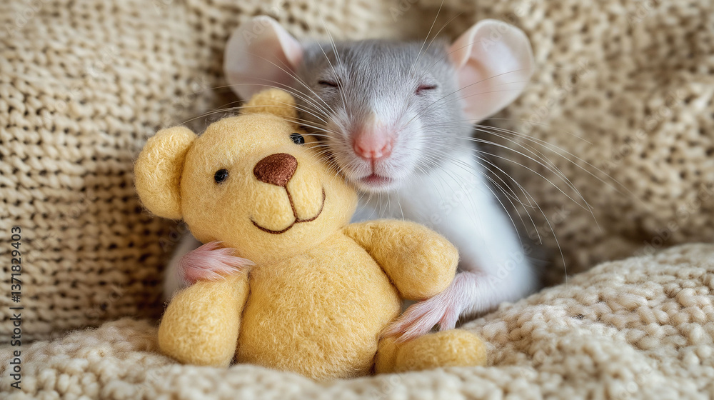 Fototapeta premium Cute Dumbo Rat Holding a Stuffed Teddy Bear