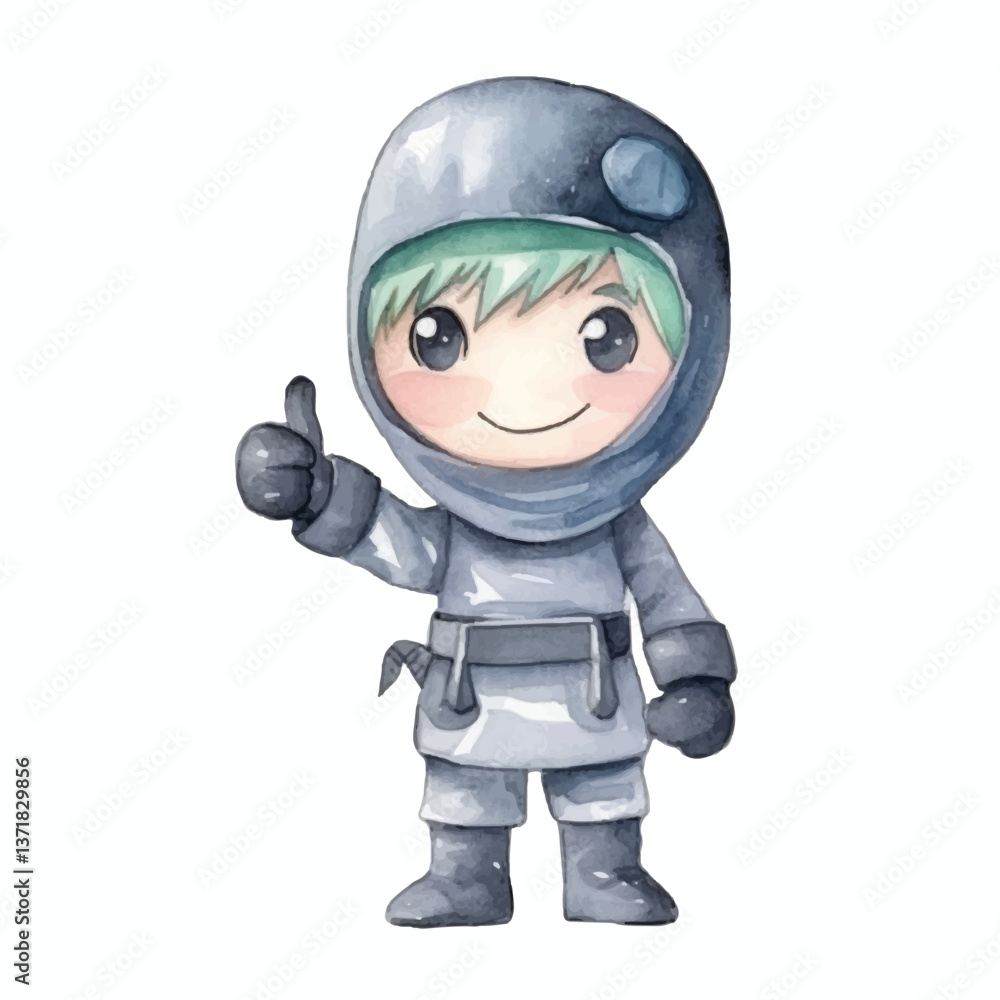 ninja with thumbs up cute watercolors illustration on white background ninja with thumbs up cute watercolors illustration on white background