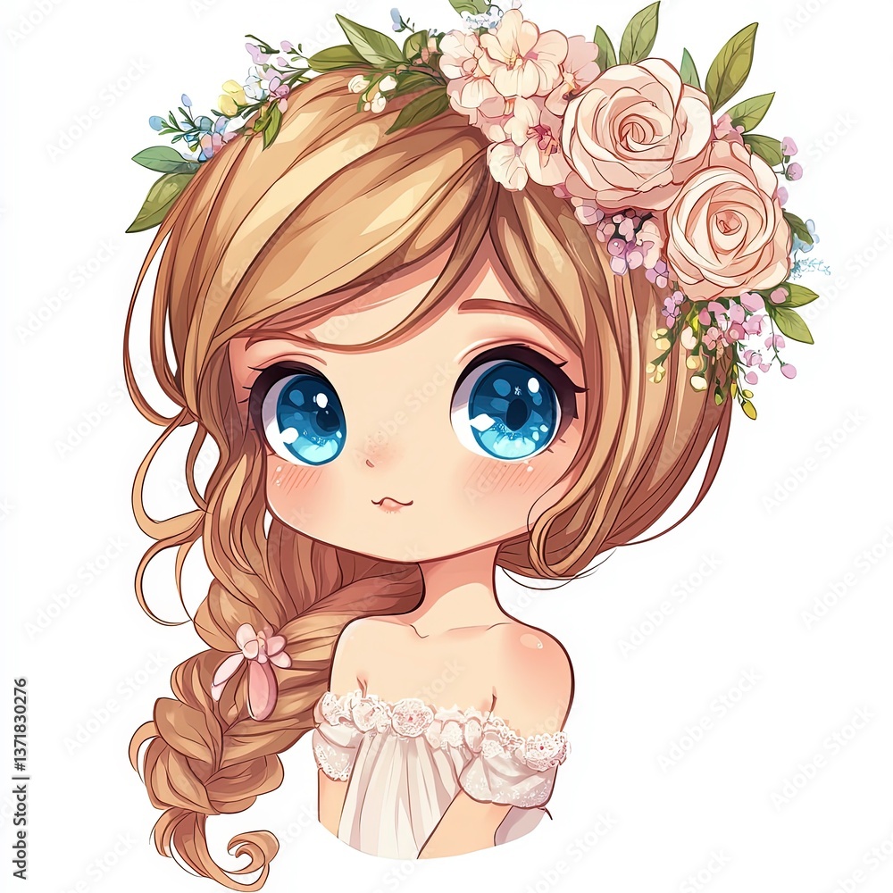 Beautiful girl with long hair adorned in flowers and captivating blue eyes Beautiful girl with long hair adorned in flowers and captivating blue eyes